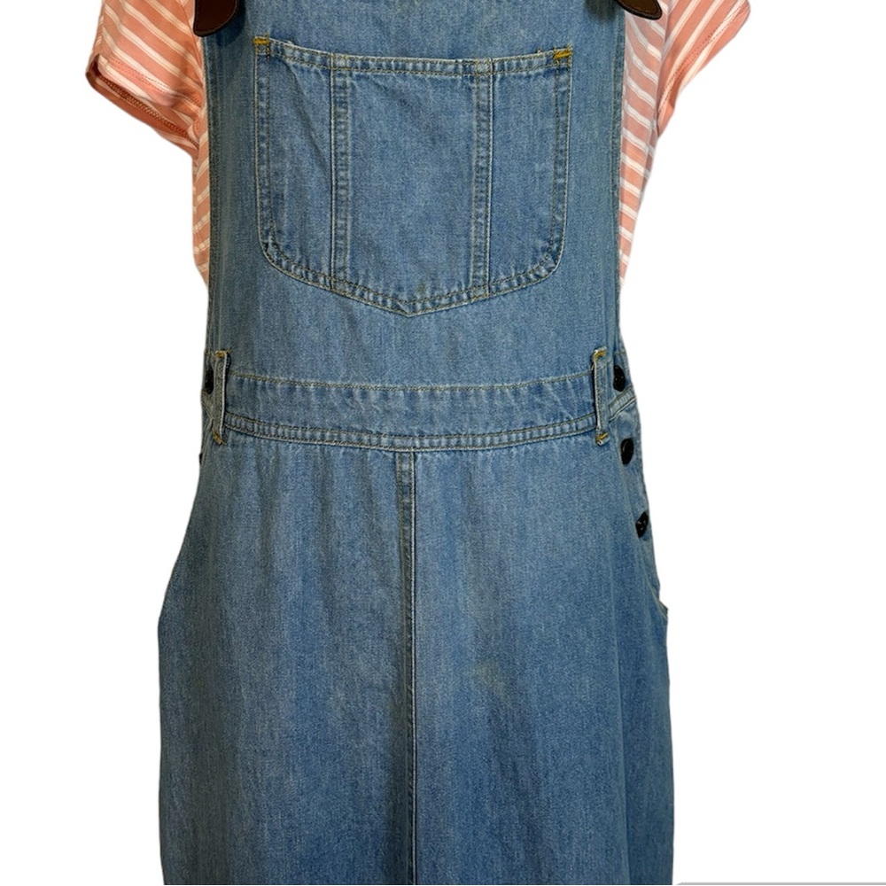 Vintage 80’s Cotton Blue Denim Overall Buckle Midi Sheath Jumper Dress- Large - Picture 6 of 8